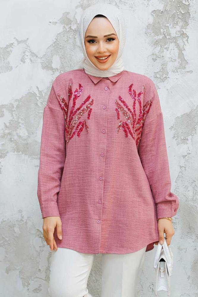 Boncuk İşlemeli Gül Kurusu Tesettür Gömlek 4526GK - NEVA STYLE