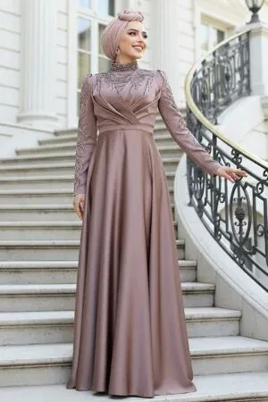 Boncuk İşlemeli Gül Kurusu Tesettür Saten Abiye Elbise 4433GK - 1