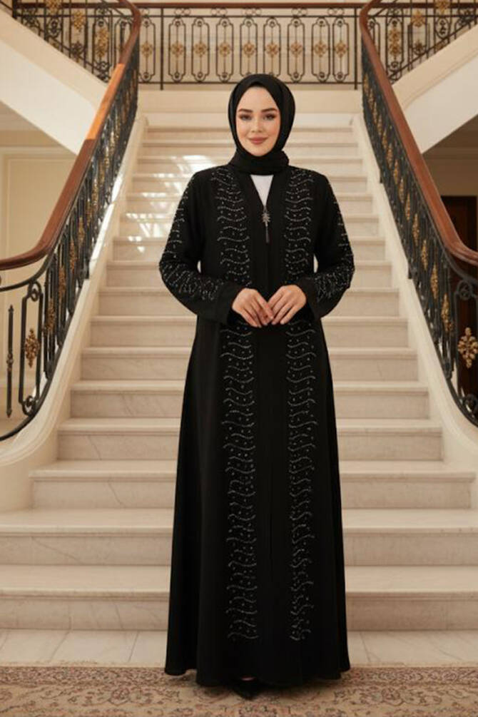 Boncuk İşlemeli Gümüş Tesettür Ferace 29127GMS - 1