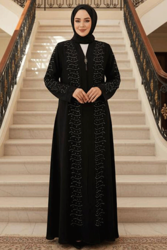 Boncuk İşlemeli Gümüş Tesettür Ferace 29127GMS - 1