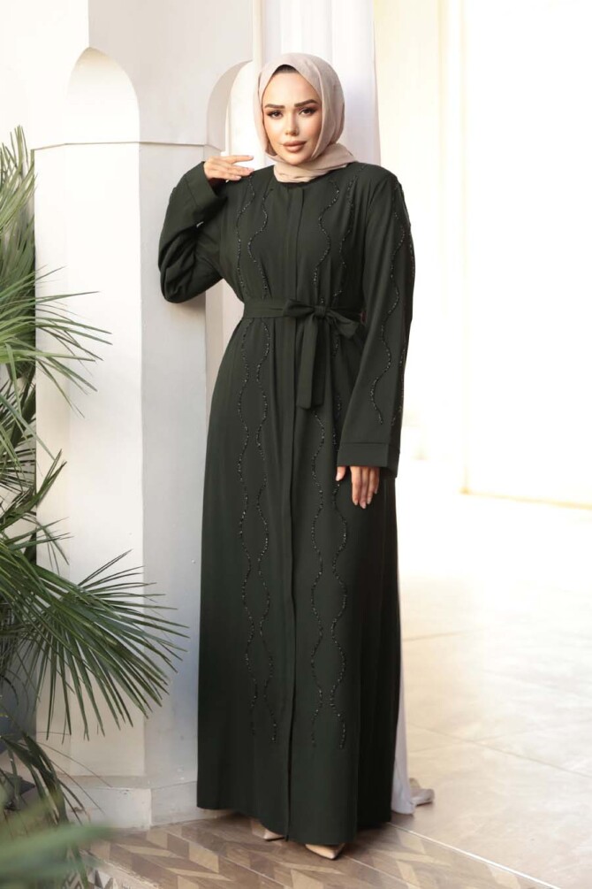 Boncuk İşlemeli Haki Tesettür Abaya 29117HK - 2