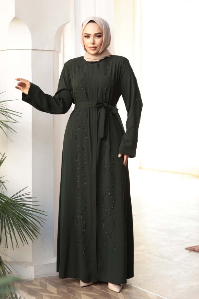 Boncuk İşlemeli Haki Tesettür Abaya 29117HK - 3