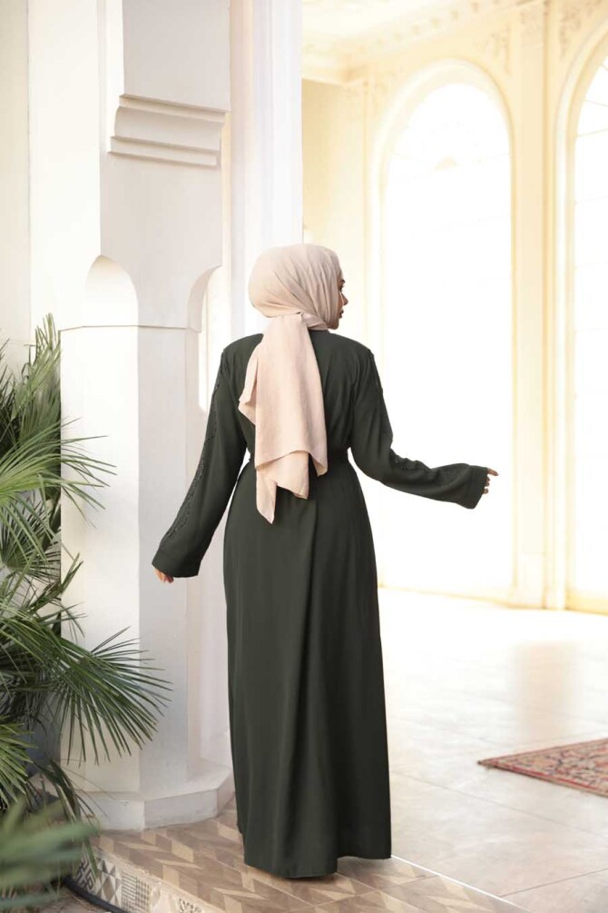 Boncuk İşlemeli Haki Tesettür Abaya 29117HK - 4