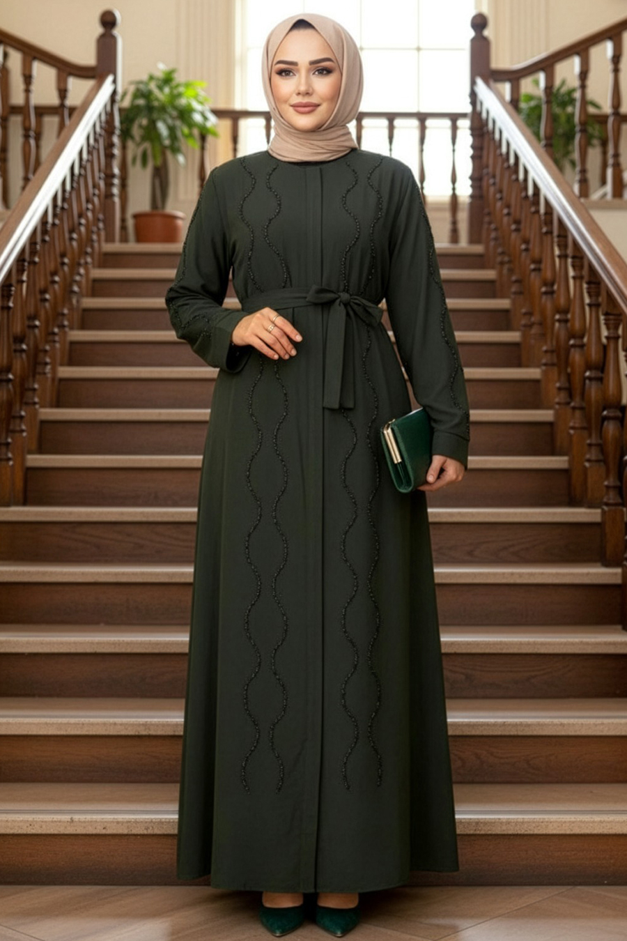 Boncuk İşlemeli Haki Tesettür Abaya 29117HK