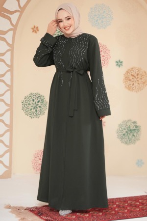 Boncuk İşlemeli Haki Tesettür Abaya 29130HK - 1