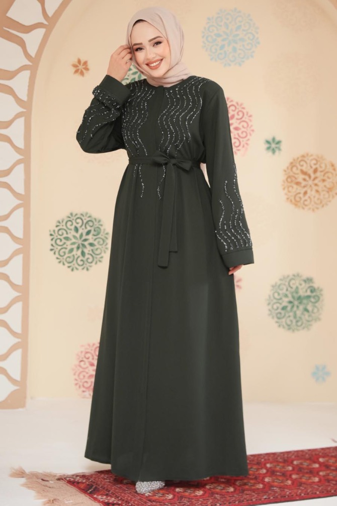 Boncuk İşlemeli Haki Tesettür Abaya 29130HK - 1