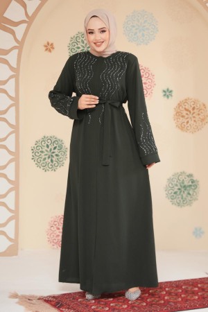 Boncuk İşlemeli Haki Tesettür Abaya 29130HK - 2