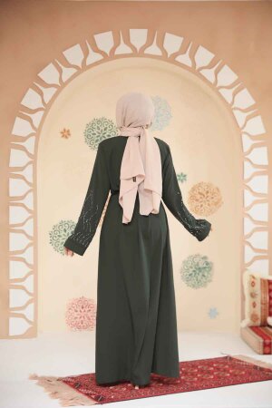 Boncuk İşlemeli Haki Tesettür Abaya 29130HK - 3