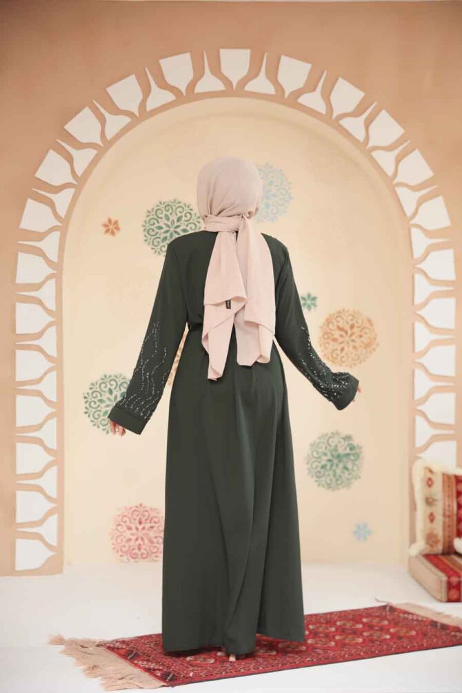 Boncuk İşlemeli Haki Tesettür Abaya 29130HK - 3