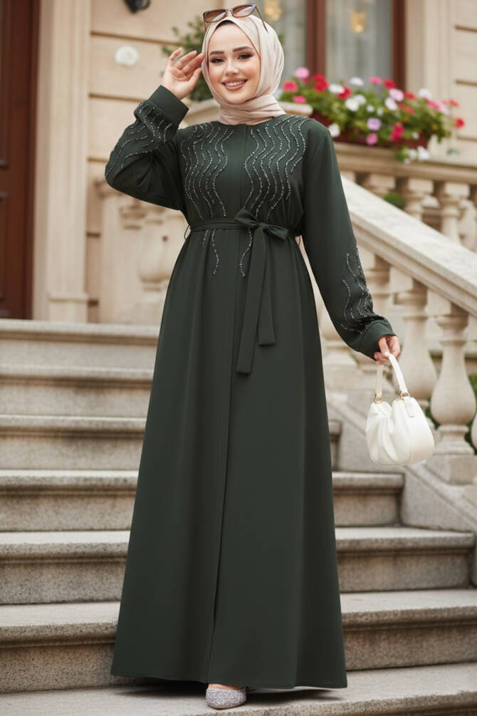 Boncuk İşlemeli Haki Tesettür Abaya 29130HK - 1