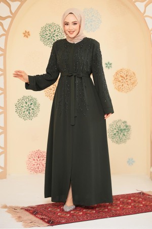 Boncuk İşlemeli Haki Tesettür Ferace 29102HK - 2