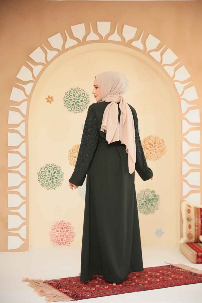 Boncuk İşlemeli Haki Tesettür Ferace 29102HK - 3