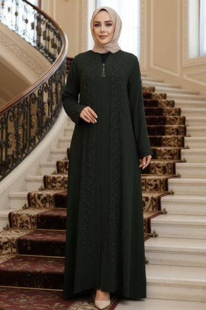 Boncuk İşlemeli Haki Tesettür Ferace 29122HK 