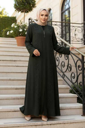 Boncuk İşlemeli Haki Tesettür Ferace 29123HK - N.S NEVA STYLE