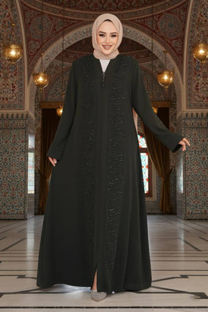 Boncuk İşlemeli Haki Tesettür Ferace 29127HK - 1