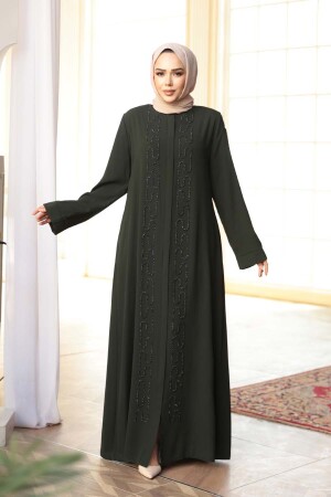 Boncuk İşlemeli Haki Tesettür Abaya 29118HK - 1