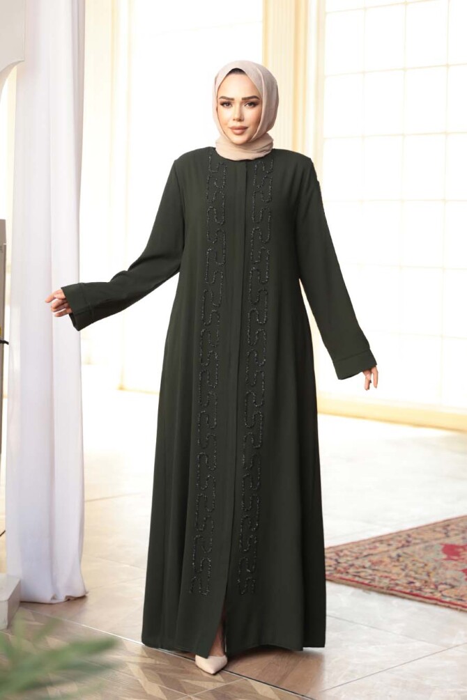 Boncuk İşlemeli Haki Tesettür Abaya 29118HK - 1