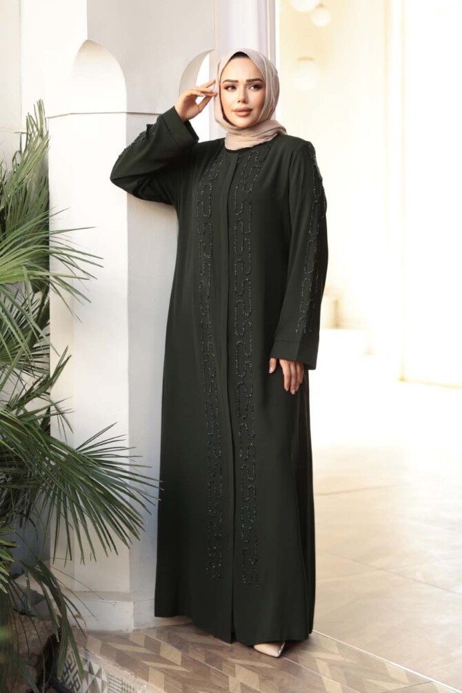 Boncuk İşlemeli Haki Tesettür Abaya 29118HK - 3