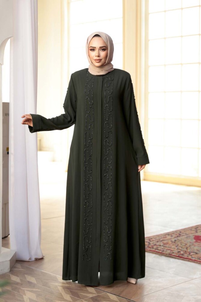 Boncuk İşlemeli Haki Tesettür Abaya 29118HK - 2