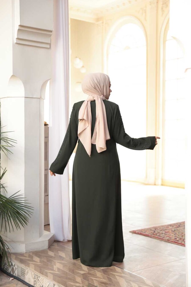 Boncuk İşlemeli Haki Tesettür Abaya 29118HK - 4