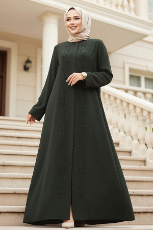 Boncuk İşlemeli Haki Tesettür Abaya 29118HK 