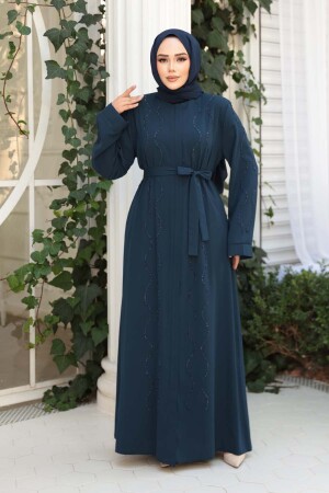 Boncuk İşlemeli İndigo Mavisi Tesettür Abaya 29117IM - 2