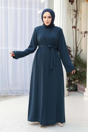 Boncuk İşlemeli İndigo Mavisi Tesettür Abaya 29117IM - 3