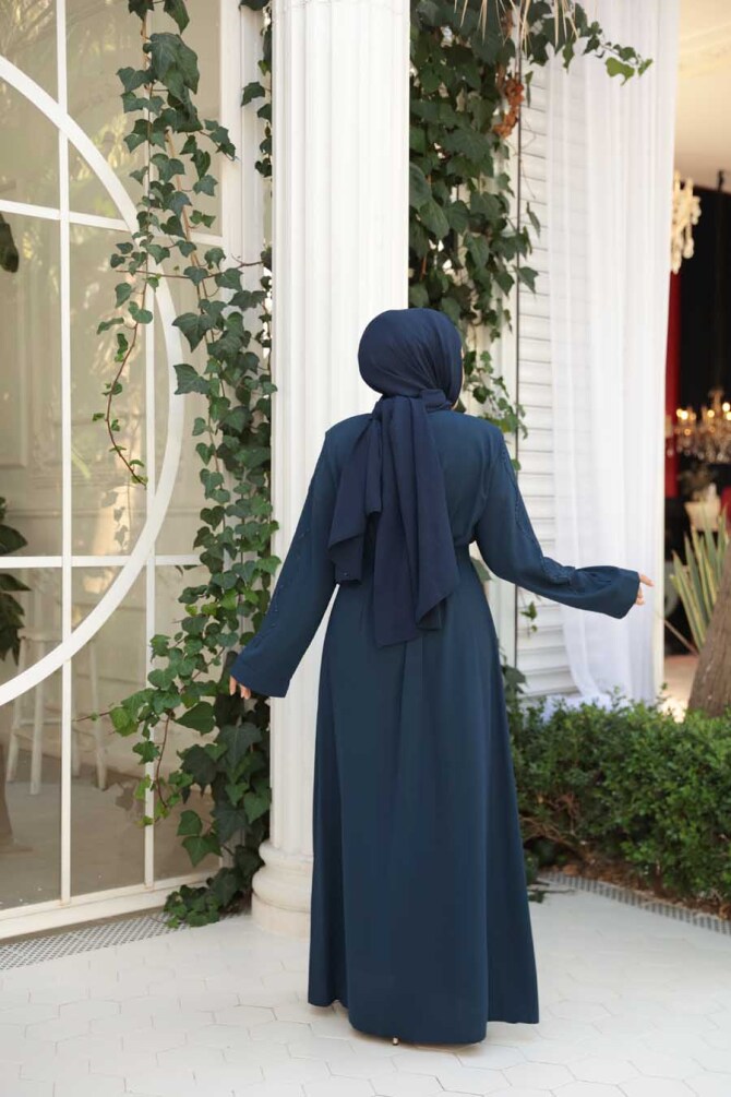 Boncuk İşlemeli İndigo Mavisi Tesettür Abaya 29117IM - 4