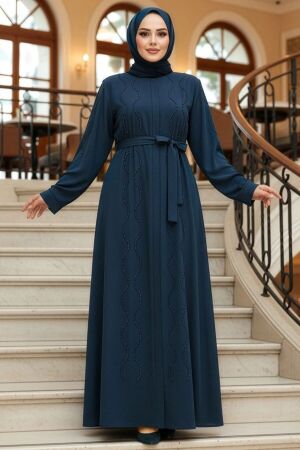 Boncuk İşlemeli İndigo Mavisi Tesettür Abaya 29117IM 