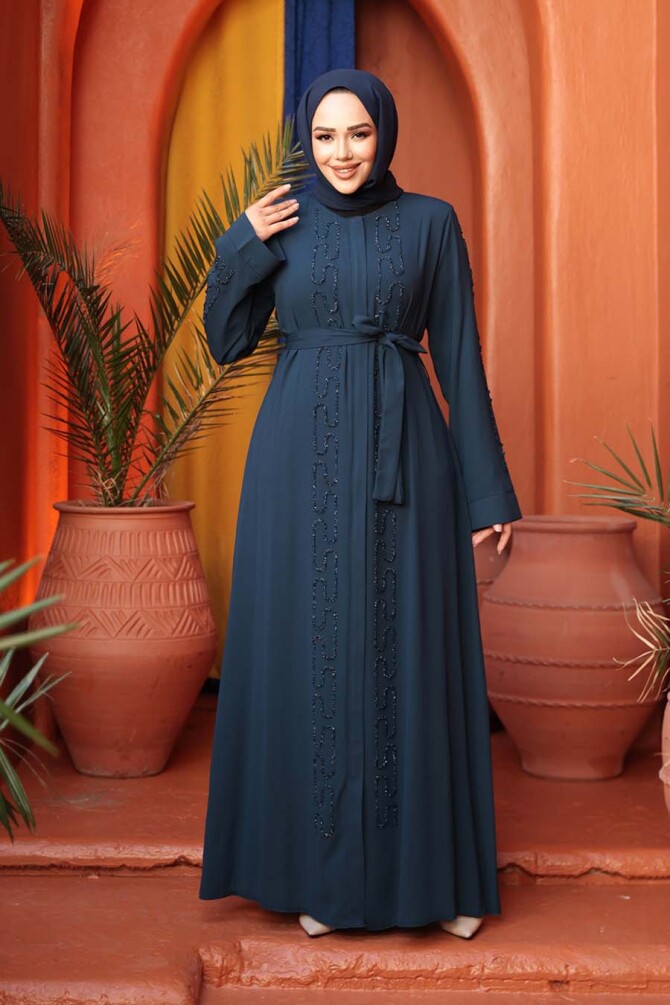 Boncuk İşlemeli İndigo Mavisi Tesettür Abaya 29118IM - 2