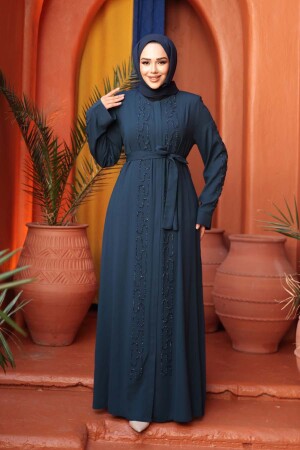 Boncuk İşlemeli İndigo Mavisi Tesettür Abaya 29118IM - 3