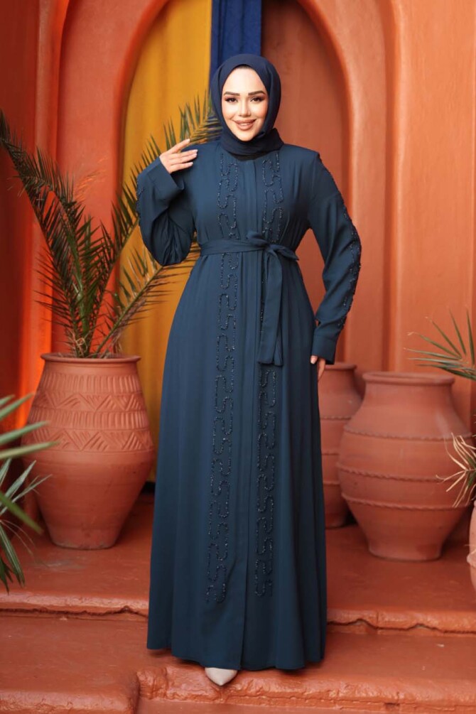 Boncuk İşlemeli İndigo Mavisi Tesettür Abaya 29118IM - 3