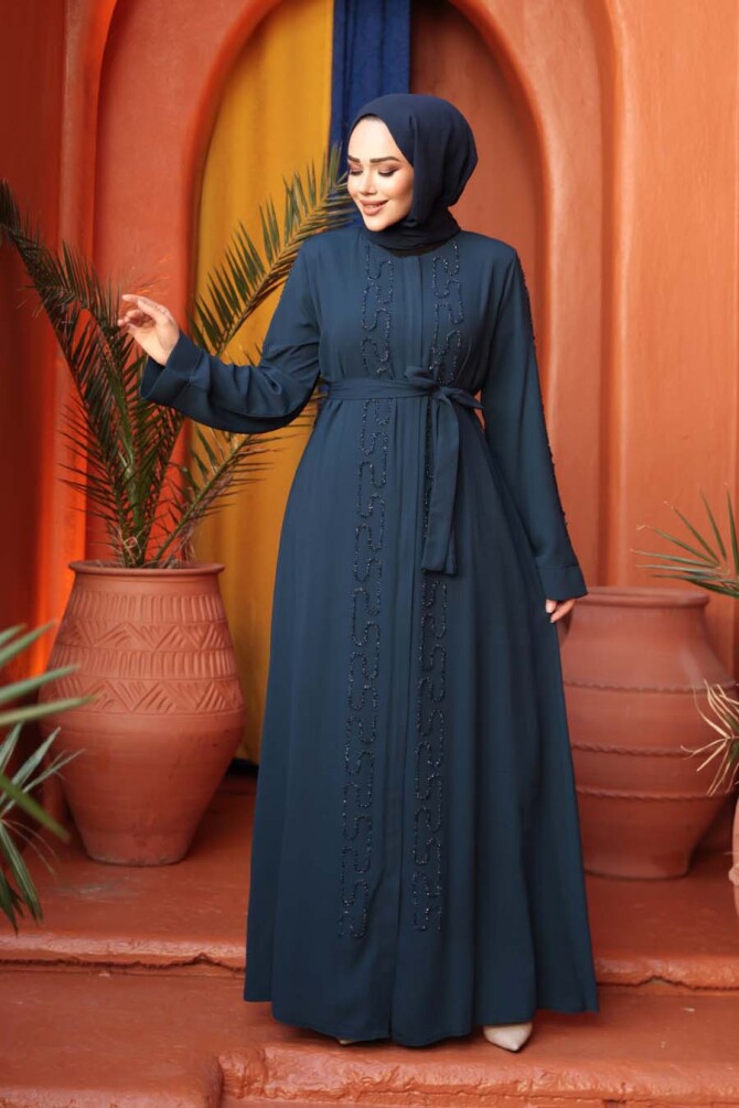 Boncuk İşlemeli İndigo Mavisi Tesettür Abaya 29118IM - 1