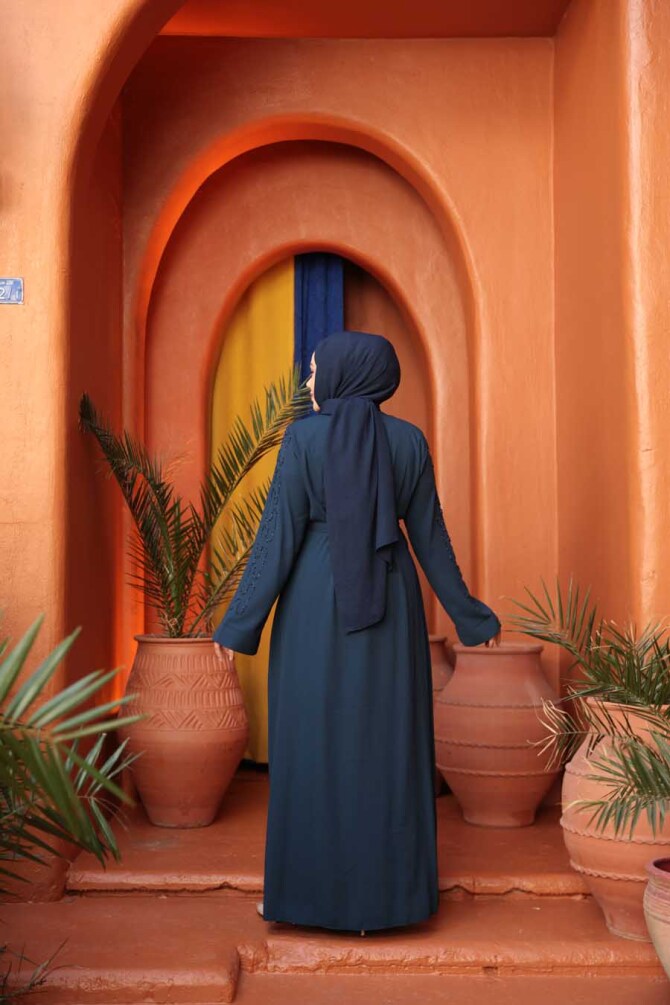 Boncuk İşlemeli İndigo Mavisi Tesettür Abaya 29118IM - 4