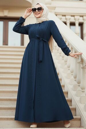 Boncuk İşlemeli İndigo Mavisi Tesettür Abaya 29118IM 