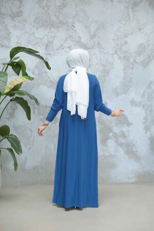 Boncuk İşlemeli İndigo Mavisi Tesettür Elbise 9345IM - 3