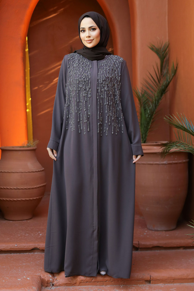Boncuk İşlemeli Kahverengi Tesettür Abaya 29106KH - 1