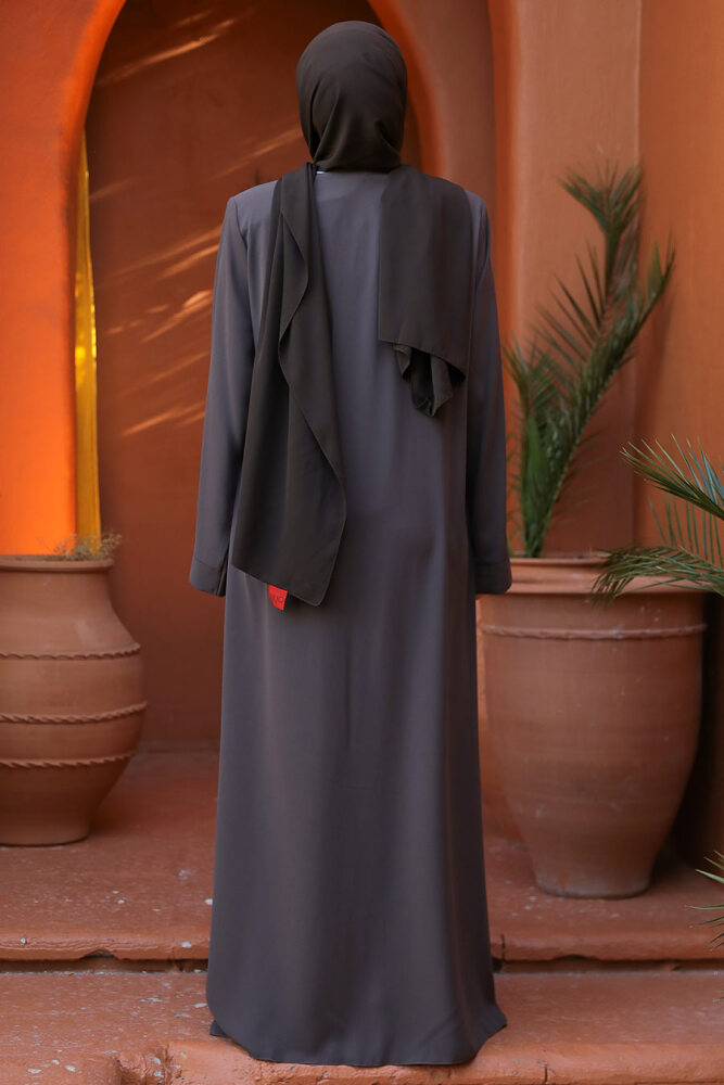 Boncuk İşlemeli Kahverengi Tesettür Abaya 29106KH - 2