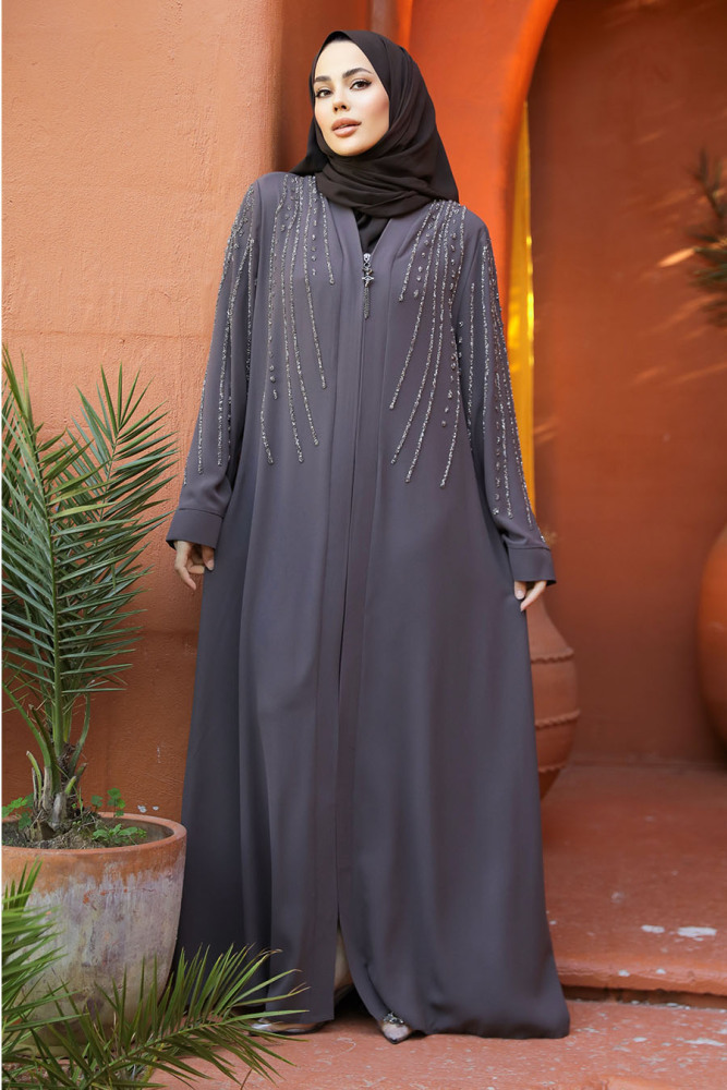 Boncuk İşlemeli Kahverengi Tesettür Abaya 29111KH - 1