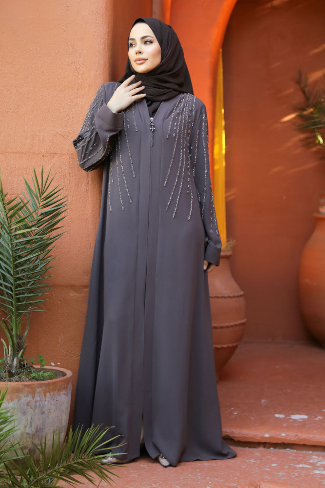 Boncuk İşlemeli Kahverengi Tesettür Abaya 29111KH - 2
