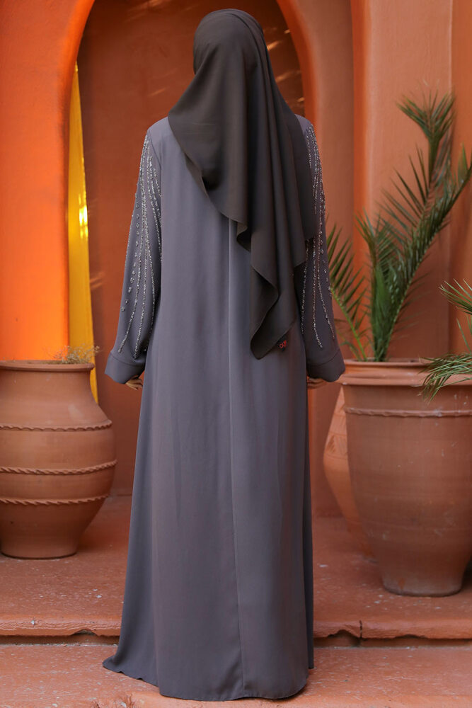 Boncuk İşlemeli Kahverengi Tesettür Abaya 29111KH - 3