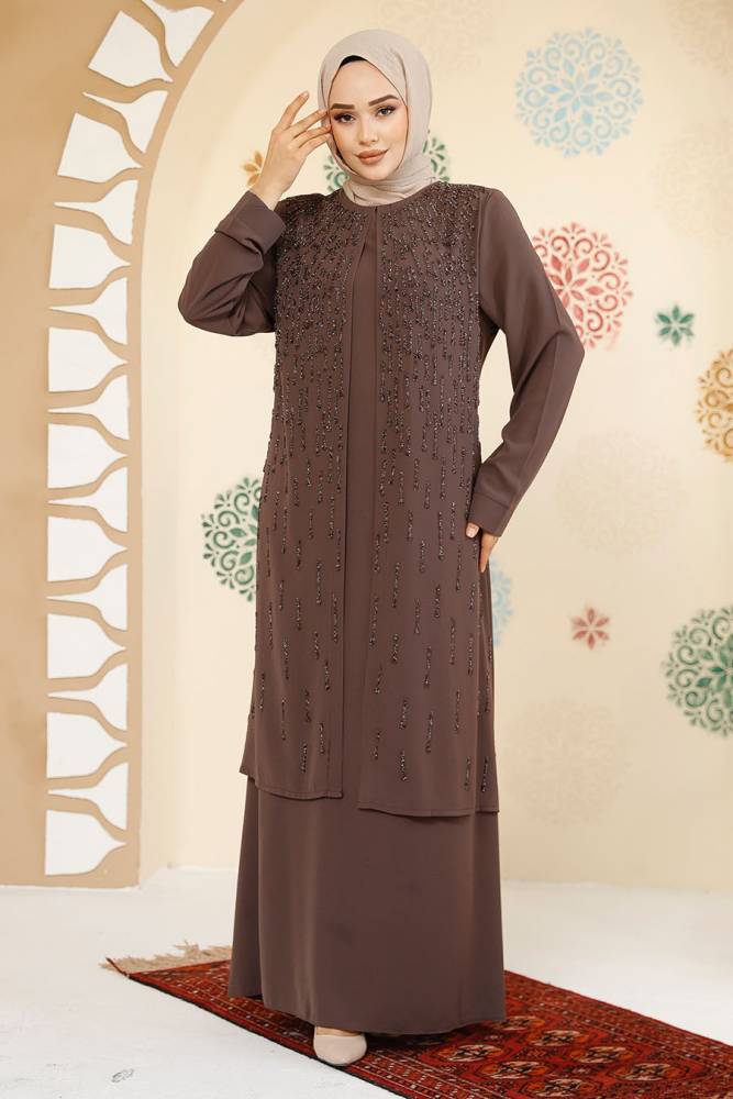 Boncuk İşlemeli Kahverengi Tesettür Abaya 29119KH - 2