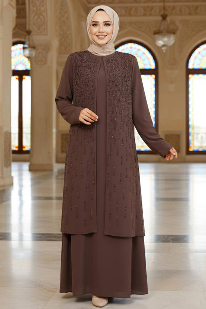 Boncuk İşlemeli Kahverengi Tesettür Abaya 29119KH - 1