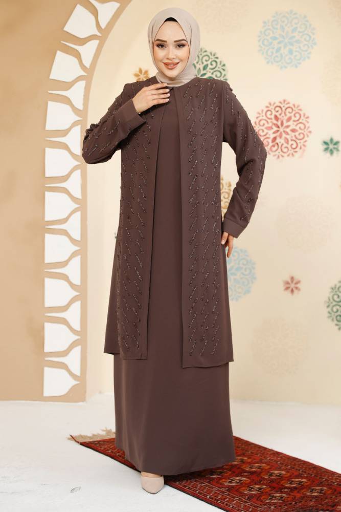 Boncuk İşlemeli Kahverengi Tesettür Abaya 29120KH - 3