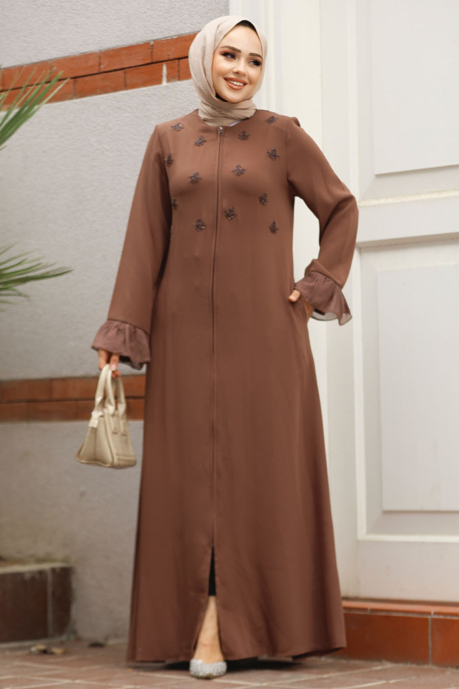 Boncuk İşlemeli Kahverengi Tesettür Abaya 520090KH - 1