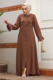 Boncuk İşlemeli Kahverengi Tesettür Abaya 520090KH - Thumbnail