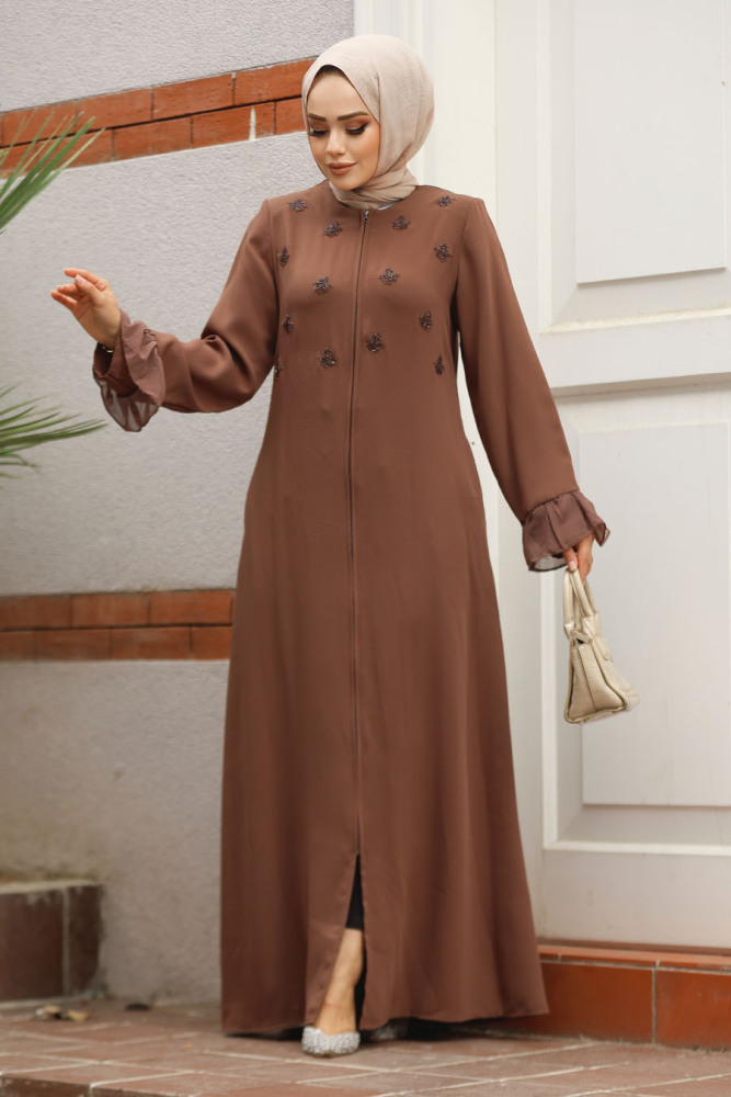 Boncuk İşlemeli Kahverengi Tesettür Abaya 520090KH - 2