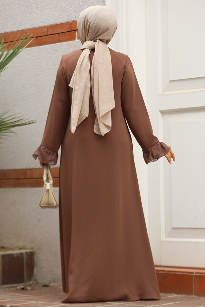 Boncuk İşlemeli Kahverengi Tesettür Abaya 520090KH - 3