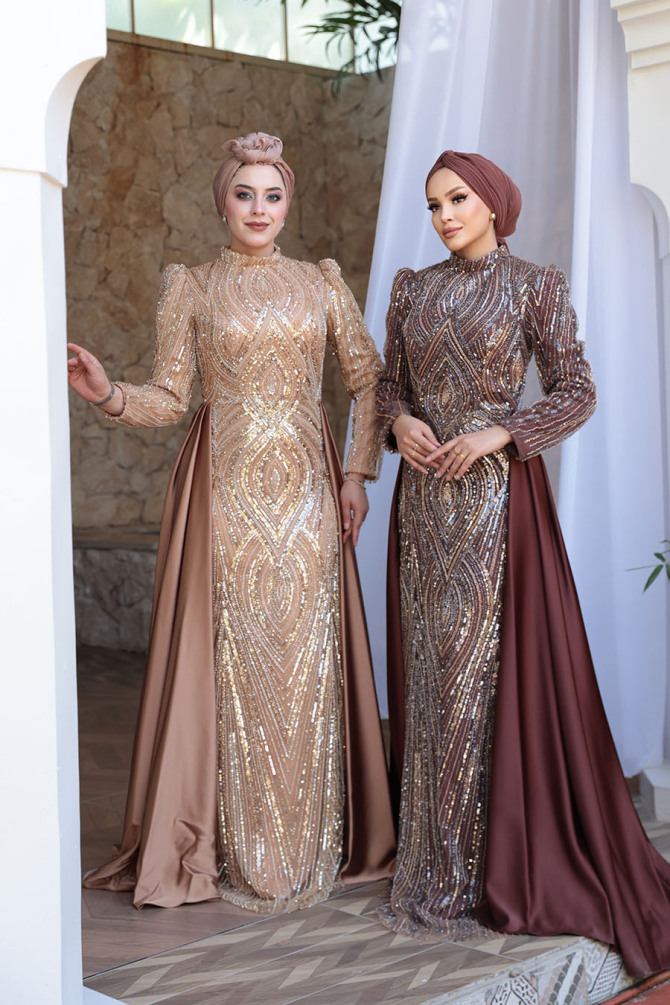 - Boncuk İşlemeli Kahverengi Tesettür Abiye Elbise 51253KH - 3