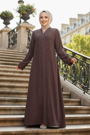 Boncuk İşlemeli Kahverengi Tesettür Ferace 29122KH 